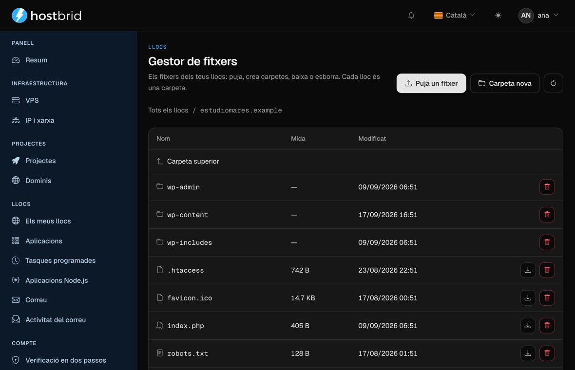 Gestor de fitxers del panell obert dins d’un lloc, amb les carpetes de WordPress, les mides i les dates.