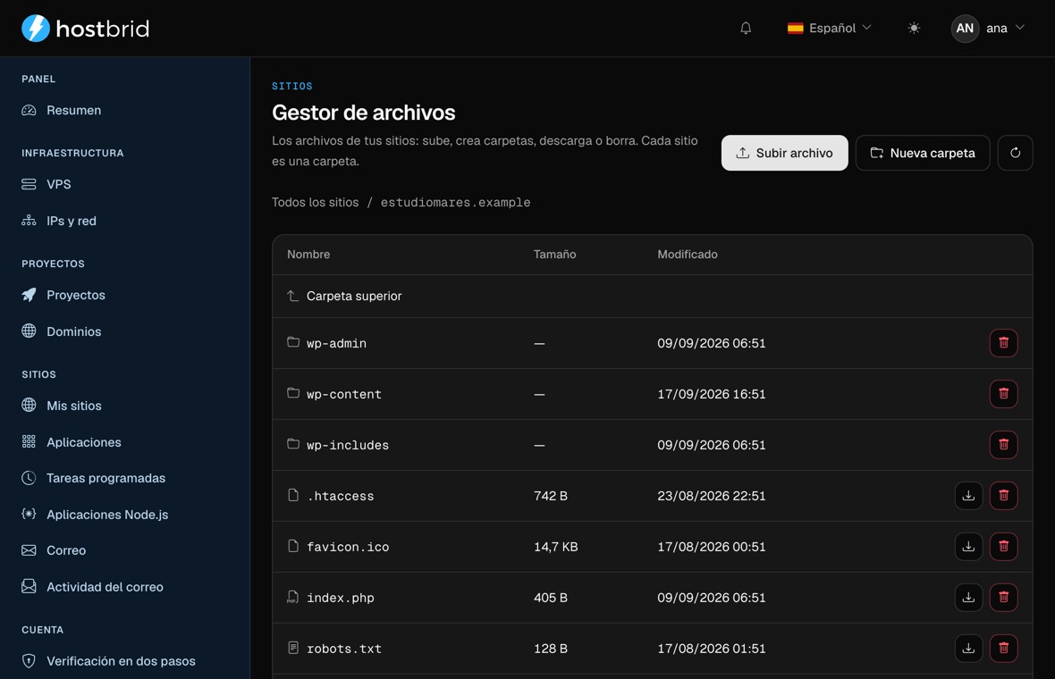 Gestor de archivos del panel abierto dentro de un sitio, con las carpetas de WordPress, sus tamaños y sus fechas.