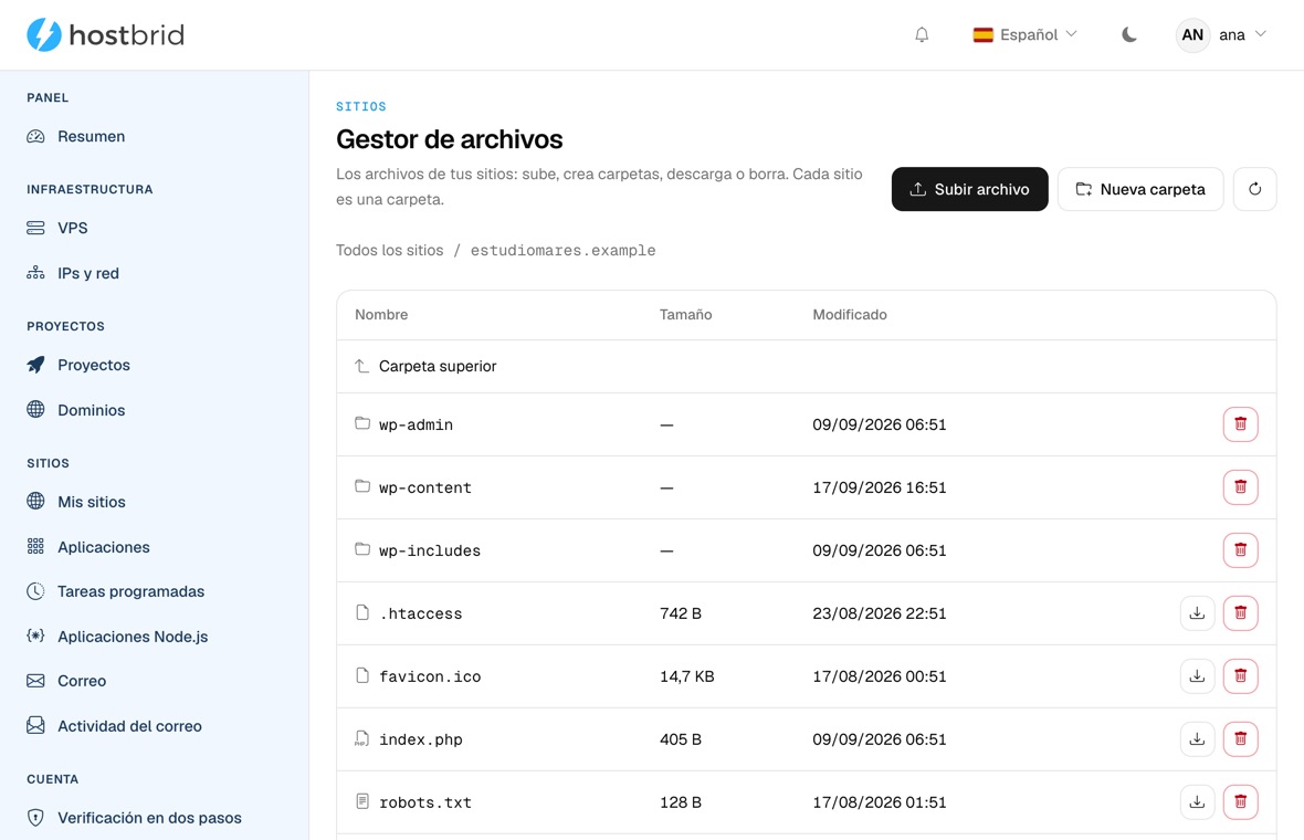 Gestor de archivos del panel abierto dentro de un sitio, con las carpetas de WordPress, sus tamaños y sus fechas.