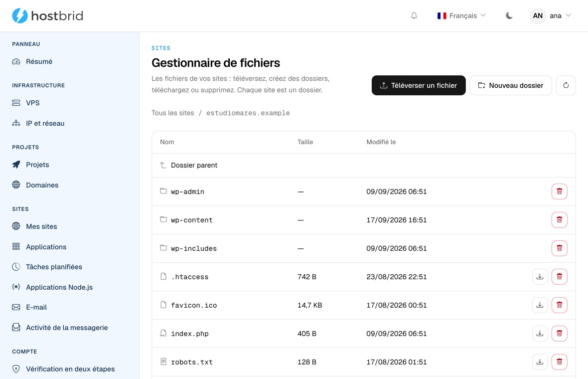 Gestionnaire de fichiers du panneau ouvert dans un site, avec les dossiers de WordPress, leurs tailles et leurs dates.