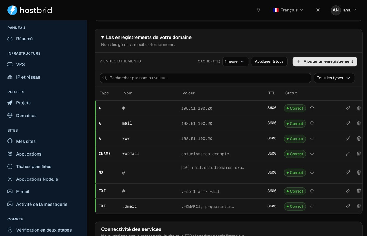 Éditeur de zone DNS du panneau avec les enregistrements du domaine : l’A du serveur, celui du courrier et celui de www, le CNAME du webmail, le MX et deux enregistrements TXT contenant le SPF et le DMARC, chacun avec son TTL et marqué « Correct ».