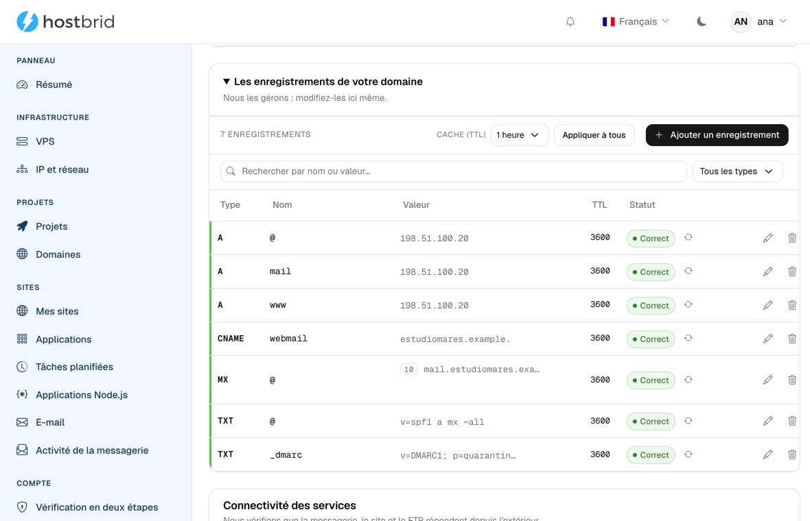 Éditeur de zone DNS du panneau avec les enregistrements du domaine : l’A du serveur, celui du courrier et celui de www, le CNAME du webmail, le MX et deux enregistrements TXT contenant le SPF et le DMARC, chacun avec son TTL et marqué « Correct ».