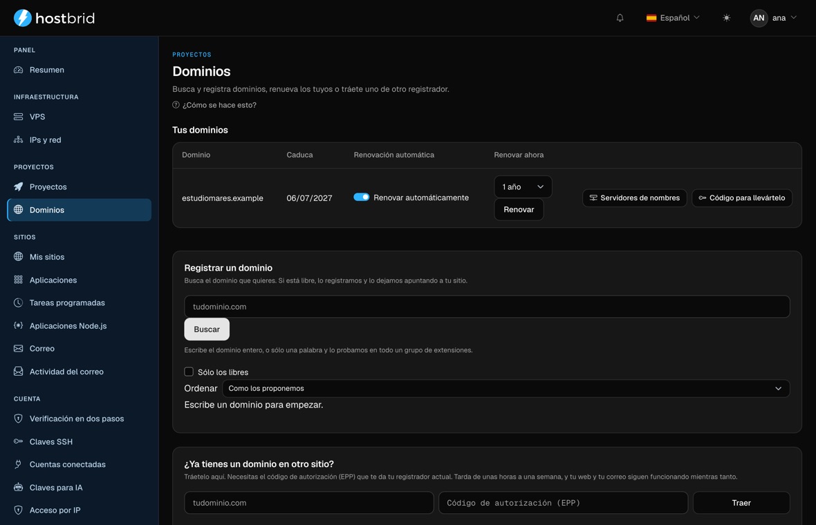 Pantalla de dominios del panel: un dominio con su fecha de caducidad, la renovación automática, los servidores de nombres y el código de traslado.