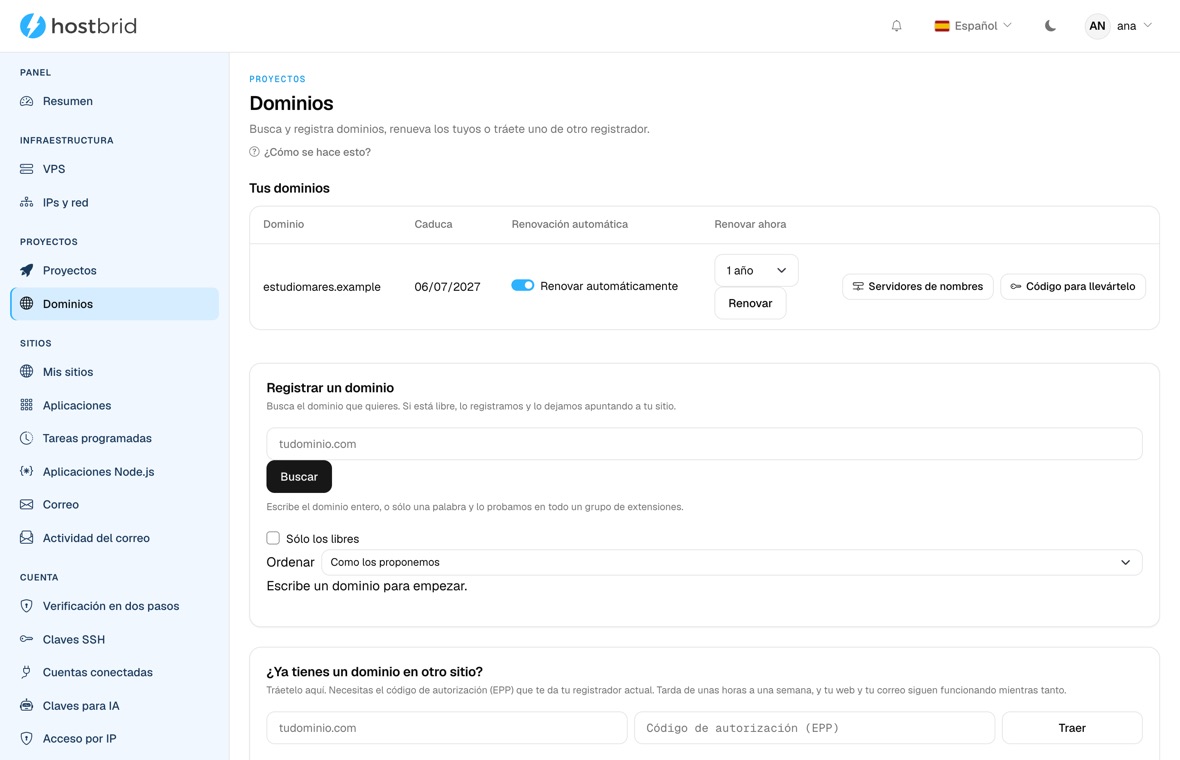 Pantalla de dominios del panel: un dominio con su fecha de caducidad, la renovación automática, los servidores de nombres y el código de traslado.