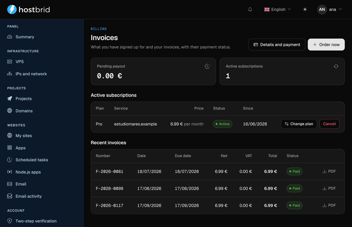 Billing screen of the Hostbrid panel: the outstanding amount, the active subscription and three invoices with date, amount and a VAT column at €0.00.