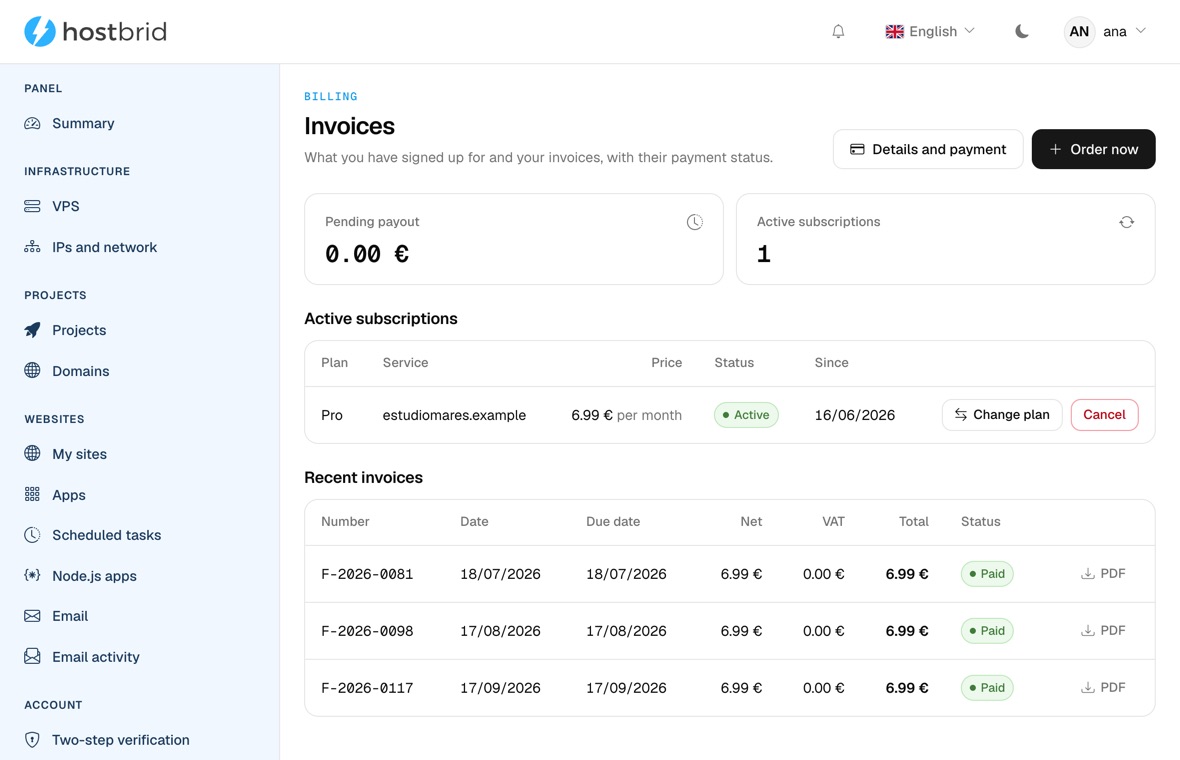 Billing screen of the Hostbrid panel: the outstanding amount, the active subscription and three invoices with date, amount and a VAT column at €0.00.