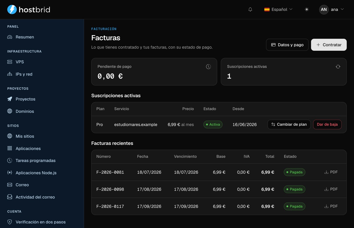 Pantalla de Facturación del panel de Hostbrid: el importe pendiente, la suscripción activa y tres facturas con su fecha, su importe y la columna de IVA a 0,00 €.