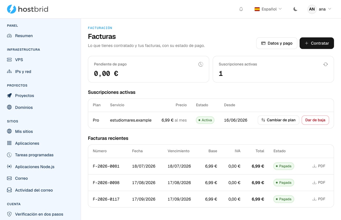 Pantalla de Facturación del panel de Hostbrid: el importe pendiente, la suscripción activa y tres facturas con su fecha, su importe y la columna de IVA a 0,00 €.