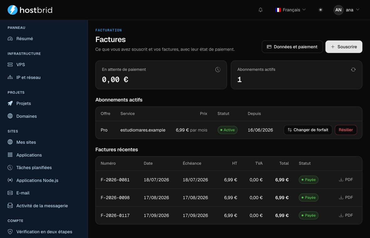 Écran Facturation du panneau Hostbrid : le montant dû, l’abonnement actif et trois factures avec date, montant et la colonne TVA à 0,00 €.