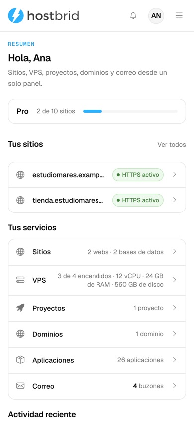 Cuenta de ejemplo en el panel de Hostbrid: resumen del plan y de los servicios Sites, VPS, Projects, Dominios, Aplicaciones y Correo.