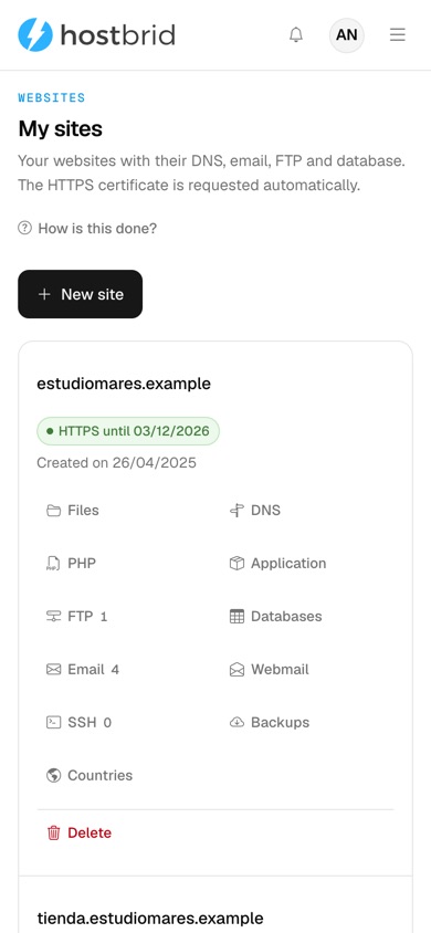 The panel’s “My sites” screen: two sites with their HTTPS certificate and its expiry date, and the row of shortcuts for each one.
