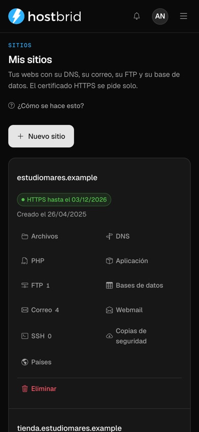 Pantalla «Mis sitios» del panel: dos webs con su certificado HTTPS y su fecha de caducidad, y la fila de accesos de cada una.