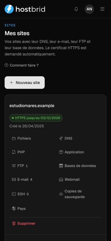Écran « Mes sites » du panneau : deux sites avec leur certificat HTTPS et sa date d’expiration, et la rangée de raccourcis de chacun.