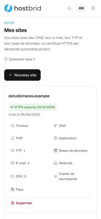 Écran « Mes sites » du panneau : deux sites avec leur certificat HTTPS et sa date d’expiration, et la rangée de raccourcis de chacun.