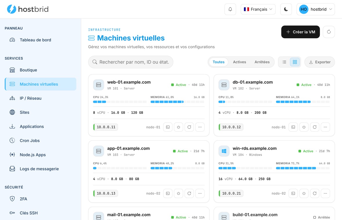 Panneau Hostbrid avec la liste des machines virtuelles : consommation de CPU et de mémoire, ressources et état de chacune.
